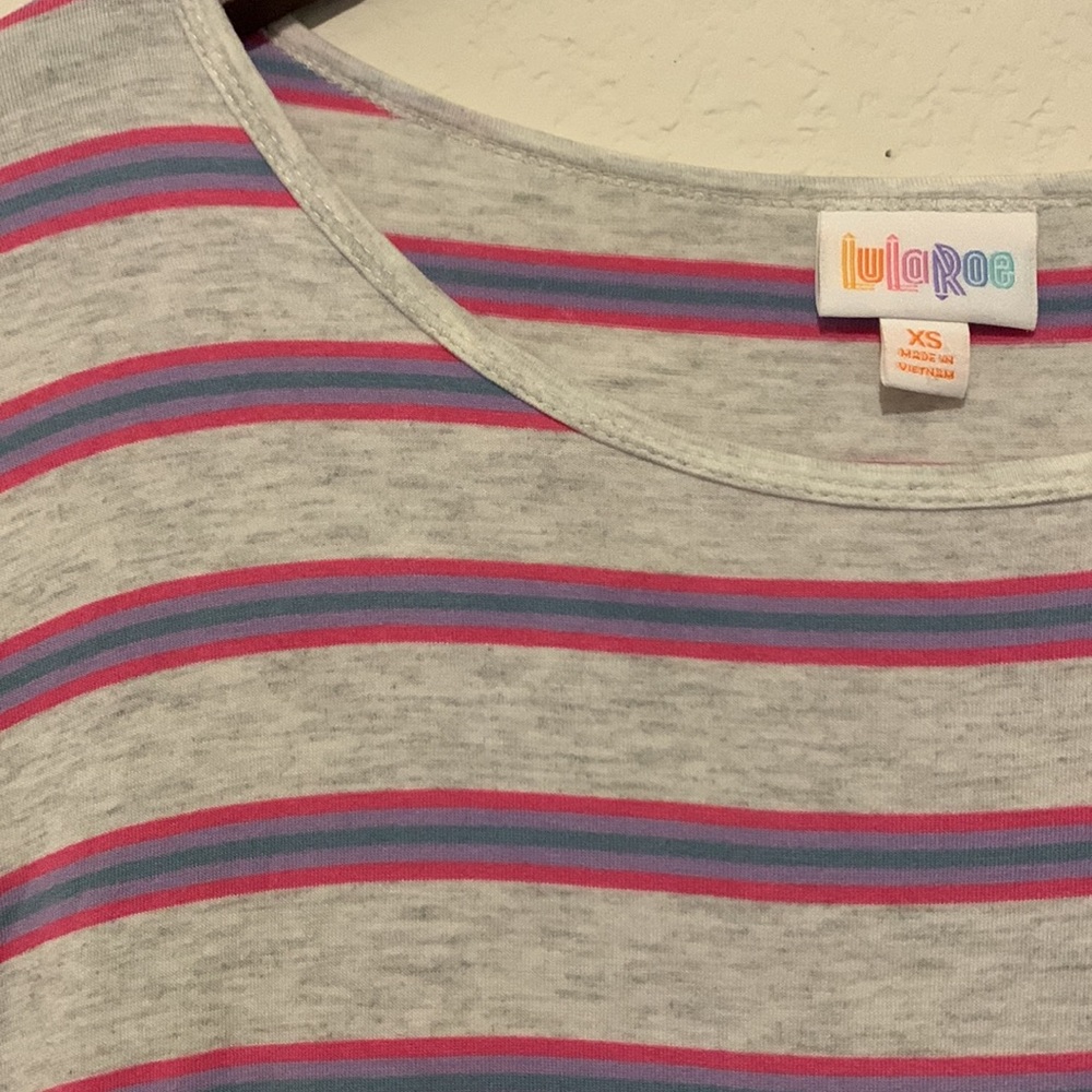 LuLaRoe Irma light Gray with Pink Blue Striped Top XS